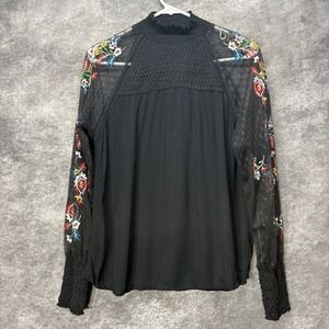 Banjara Embroidered Top Blouse Womens S Black Sheer Sleeves Mock Neck Boho Chic